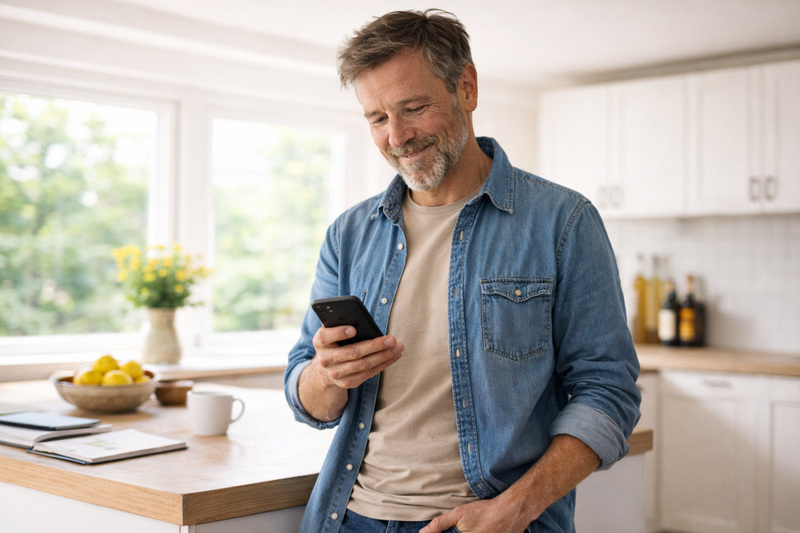 Image of a man in a kitchen checking his phone
