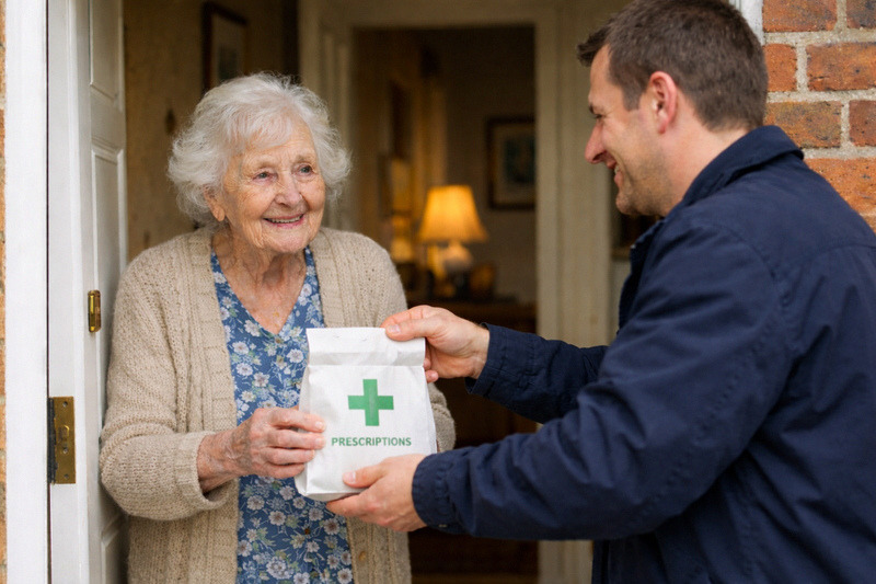 Image of a man helping an elderly neighbour with a prescription