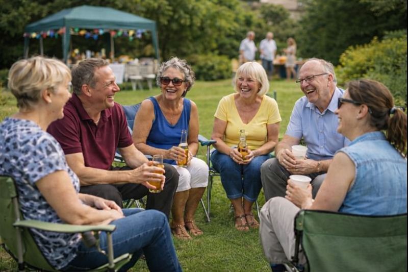 Image of people outside, sat in chairs on grass at a party, holding drinks and chatting