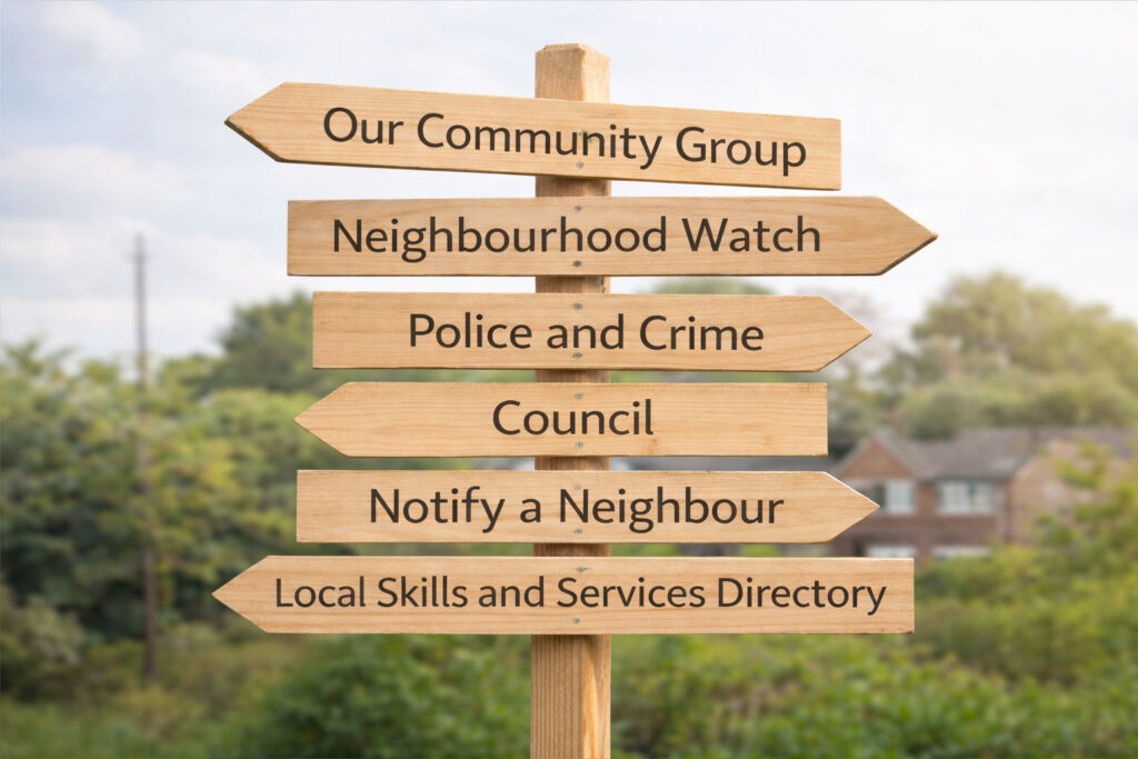 Photo showing wooden signposts pointing to resources on our Resources page, such as Council, Police and Crime and Neighbourhood Watch