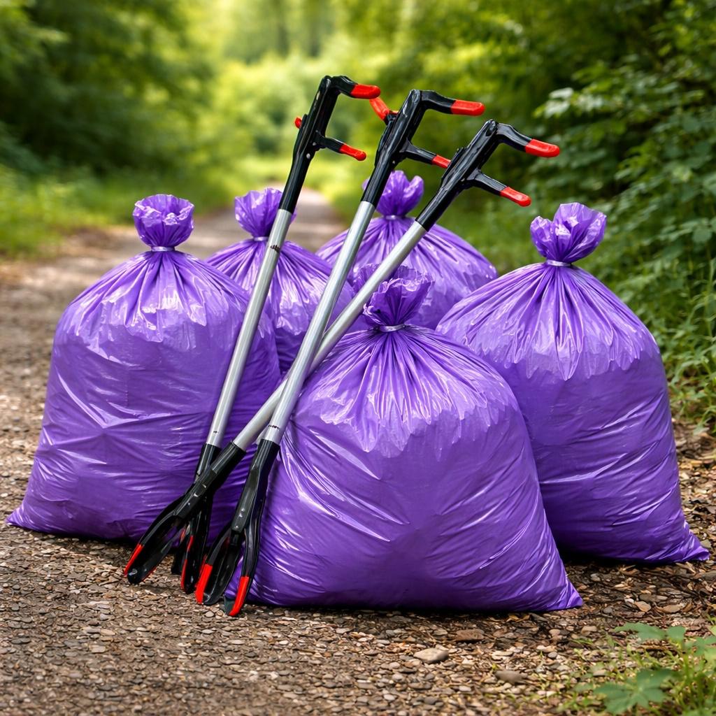 A collection of filled purple bin bags as used by the Clean Champions