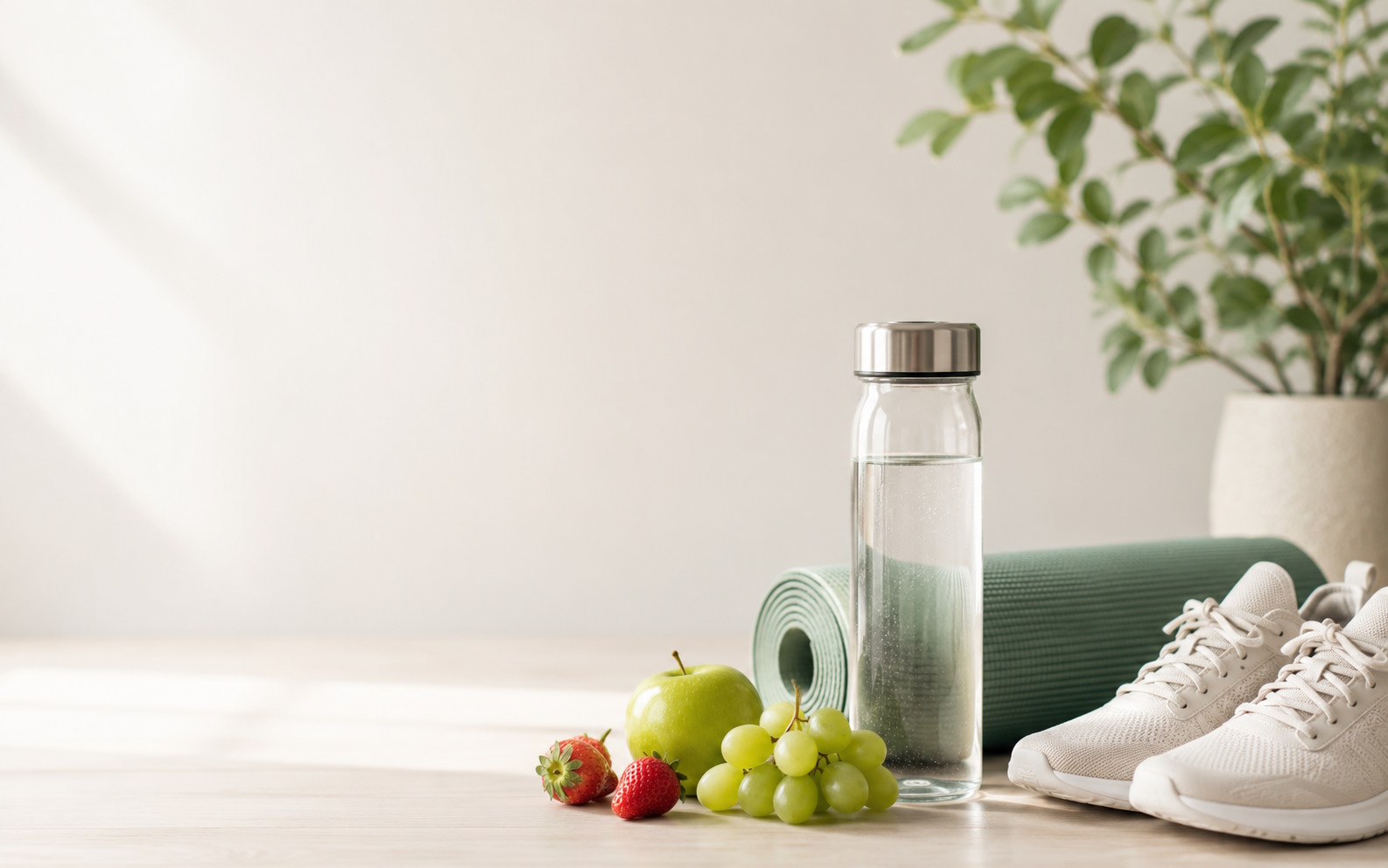 Image showing items associated with healthy living, including fruit, water, trainers and a yoga mat