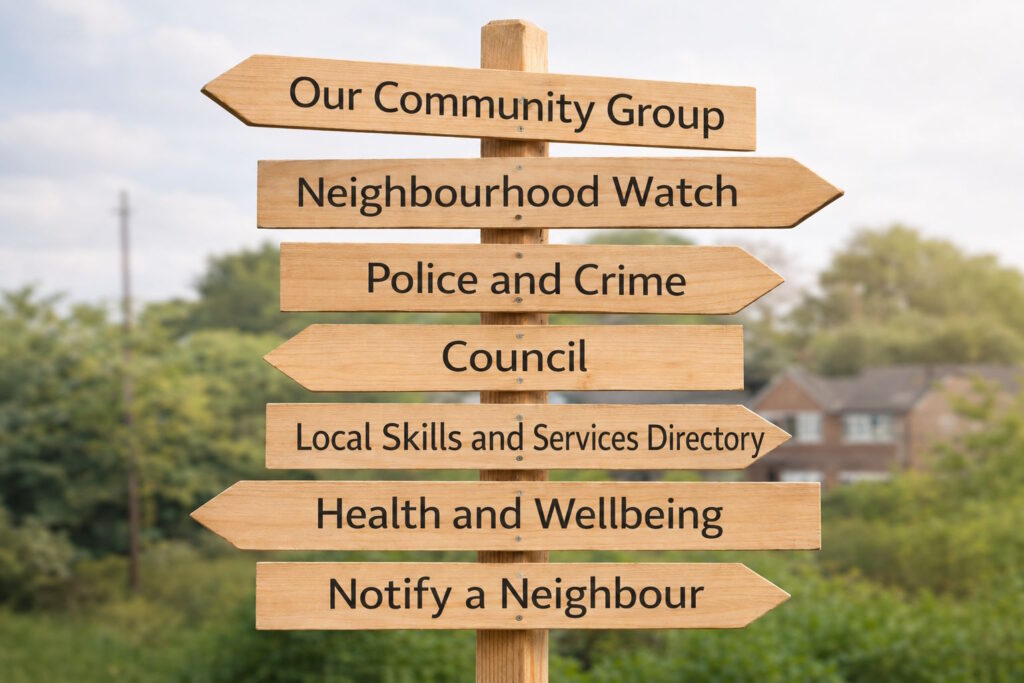 Photo showing wooden signposts pointing to resources on our Resources page, such as Council, Police and Crime and Neighbourhood Watch