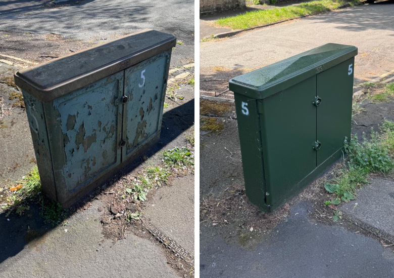 Before-and-after photos of the repainted service box on Ribblesdale Road.