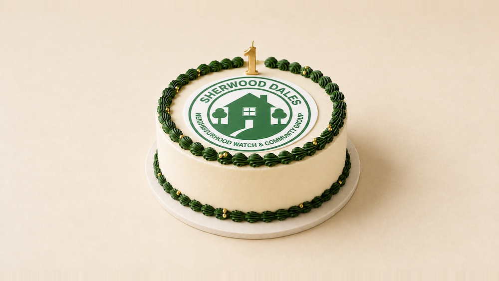 Image showing a 1st birthday cake with the Sherwood Dales Neighbourhood Watch and Community Group logo on it.